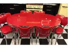 Our Retro leaf table for sale comes with single or double pole retro-styled chrome shanks
